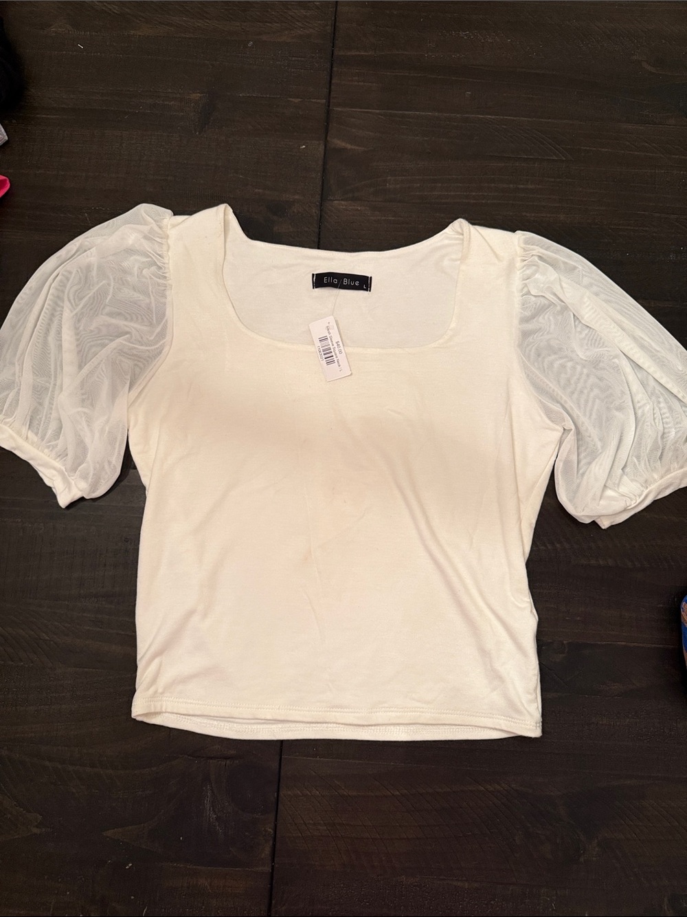 Ella Blue Cream Puff-Sleeve Scoop Neck Top Size Large
